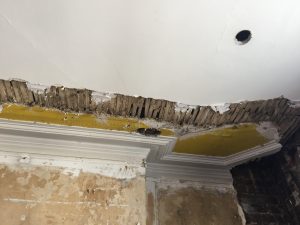 plaster cornice restoration to damaged ceiling undertaken by our skilled staff